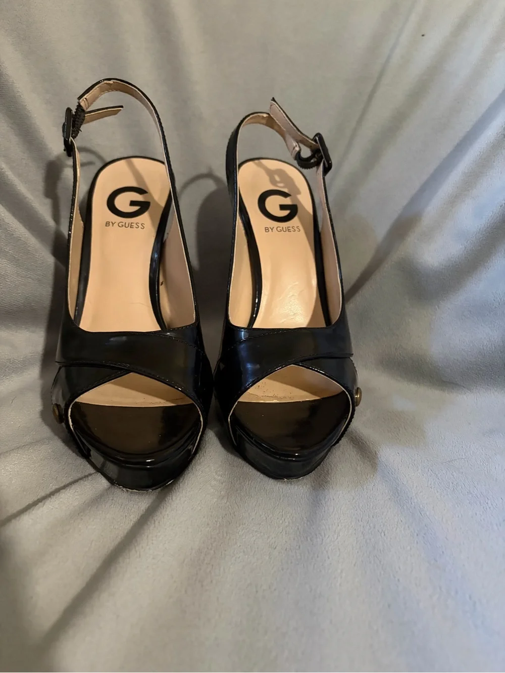 G by Guess Black Patent Open-Toe Slingback Heels